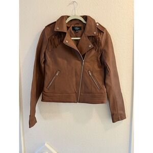CoffeeShop New York Fringe Faux Suede Moto Jacket Brown Medium Women's